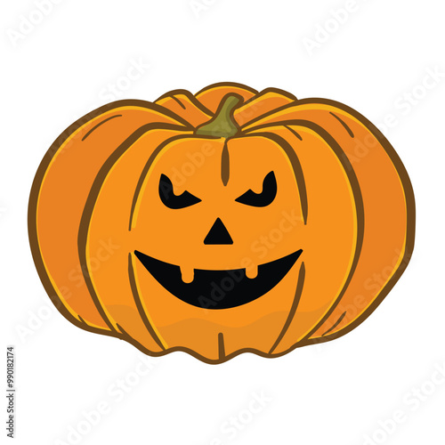 Vector icon for a laughing Jack-O'-Lantern with a joyful expression. Hand-drawn orange pumpkin with a playful, toothy grin, ideal for festive Halloween themes.