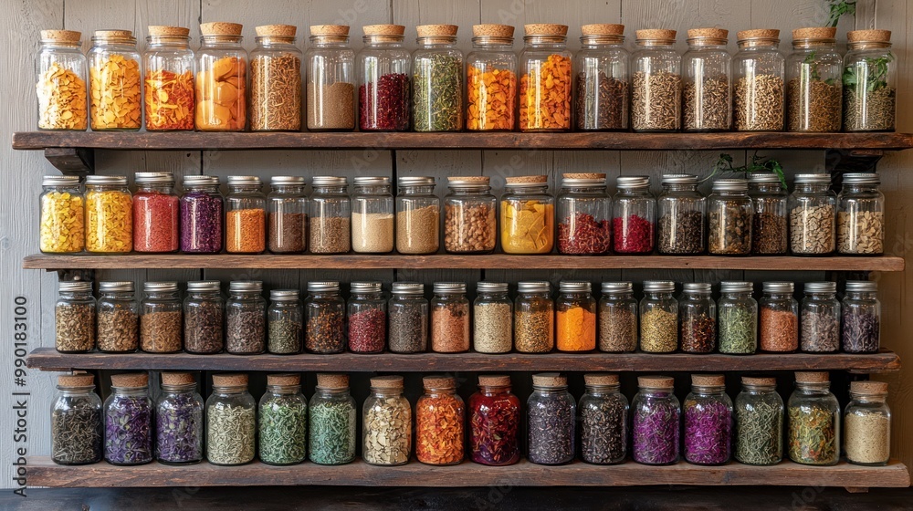 A colorful display of jars filled with various spices and herbs. A colorful display of jars filled with various spices and herbs.