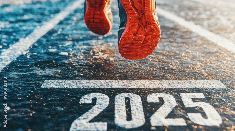 © Business Pics - Happy New Year 2025. A fresh start for 2025 depicted by a runner taking off from a starting line marked with '2025' on a straight