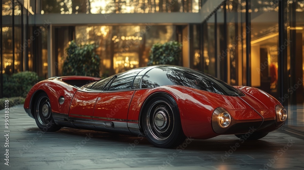 Red Retro Sports Car in Front of Modern Building Red Retro Sports Car in Front of Modern Building