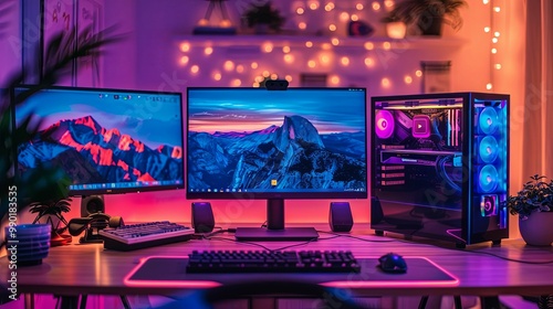 Gaming Setup with Two Monitors, a PC Tower, and a Mountain Landscape Wallpaper