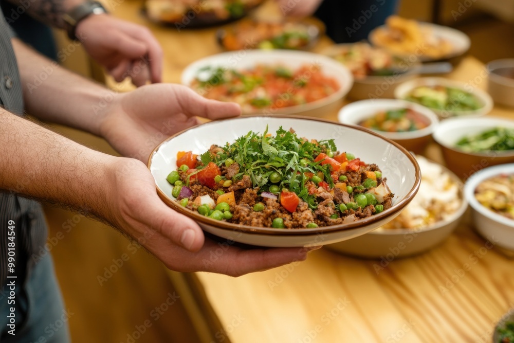 Sustainable Potluck Gathering: Friends Sharing Eco-Friendly Meals in a Warm, Inclusive Setting with Colorful, Healthy Dishes Sustainable Potluck Gathering: Friends Sharing Eco-Friendly Meals in a Warm, Inclusive Setting with Colorful, Healthy Dishes