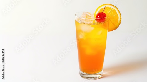  A refreshing drink placed on a pure white background. The drink has an enticing color and an appealing shape. There might be condensation on the glass, adding a touch of freshness. The white backgrou