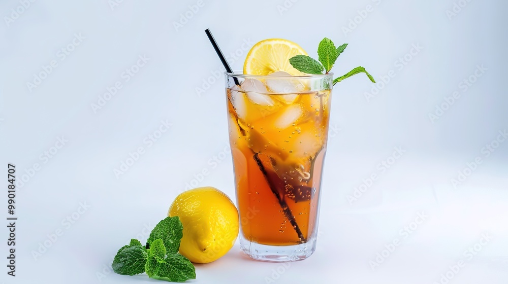 Fototapeta premium A refreshing drink placed on a pure white background. The drink has an enticing color and an appealing shape. There might be condensation on the glass, adding a touch of freshness. The white backgrou