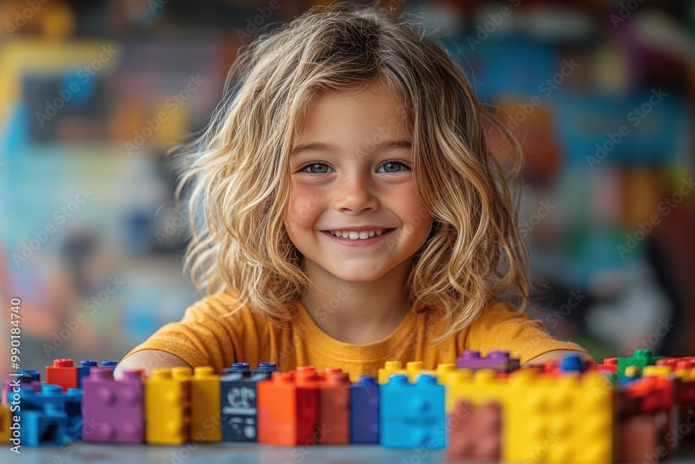 Smiling Child Playing with Colorful Blocks Smiling Child Playing with Colorful Blocks