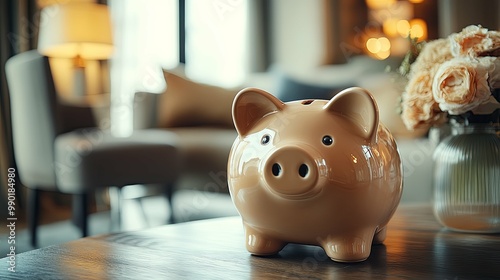 Wallpaper Mural Piggy Bank on Wooden Table in a Living Room Setting Torontodigital.ca