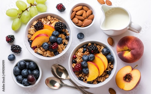 Two bowls of granola with fresh fruit and almonds, accompanied by a pitcher of milk and additional fruit........ Generative ai.