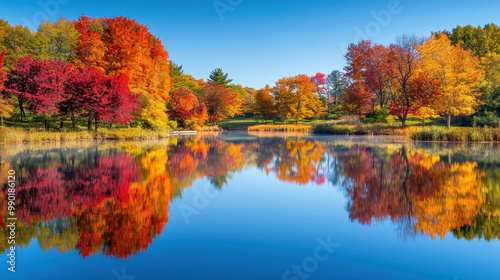 Vibrant autumn landscape reflecting colorful trees by a serene lake under a clear blue sky