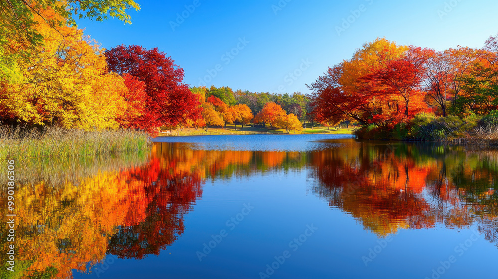 Fototapeta premium Vibrant autumn landscape featuring colorful trees reflected in a serene lake under a clear blue sky