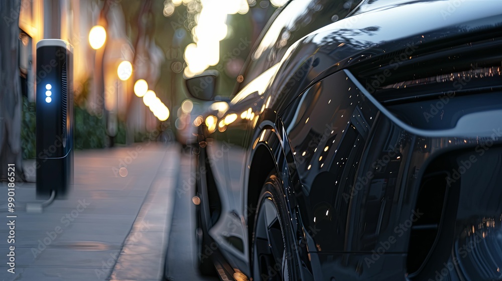 Black Electric Car Charging on City Street at Dusk Black Electric Car Charging on City Street at Dusk