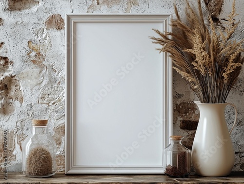 Blank picture frame with dried wheat in vase and rustic jars on wooden table.