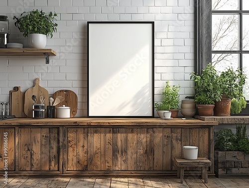 Blank picture frame in rustic kitchen with wooden counters and potted plants.