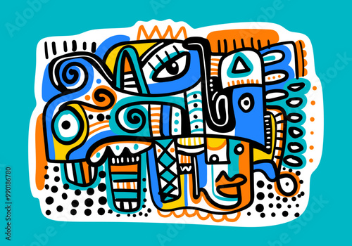 abstract big-eyed face portrait, oil painting, colorful background, cubism art style, vector illustration.