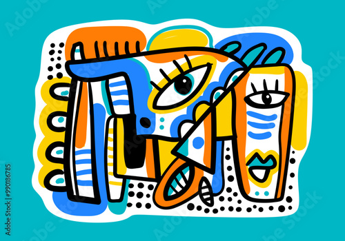 Foto abstract big-eyed face portrait, oil painting, colorful background, cubism art style, vector illustration