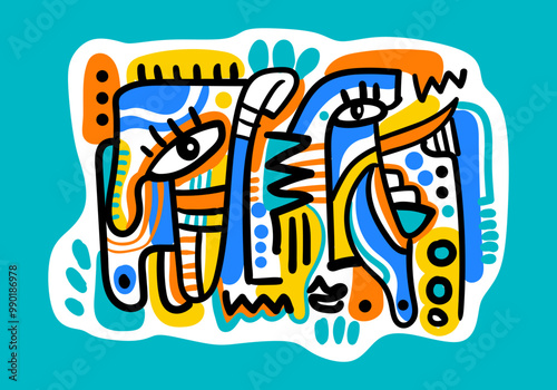 abstract big-eyed face portrait, oil painting, colorful background, cubism art style, vector illustration.