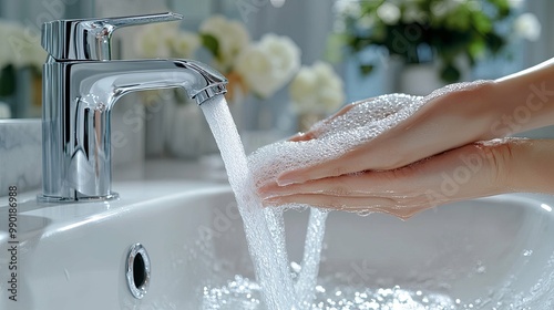 Hands Being Washed Under a Faucet with Soapy Water photo