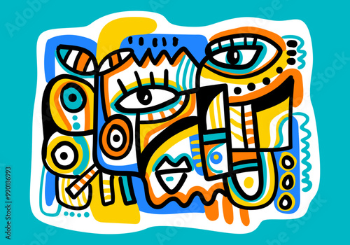 abstract big-eyed face portrait, oil painting, colorful background, cubism art style, vector illustration.