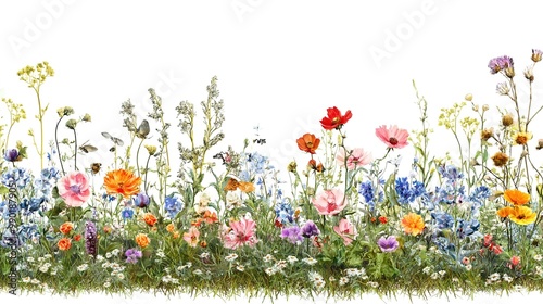 Floral Seamless Border Design with Summer Plants and Busy Insects