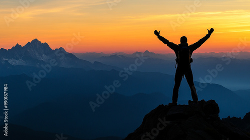 A hiker celebrates a stunning sunset from a mountain peak in the wilderness