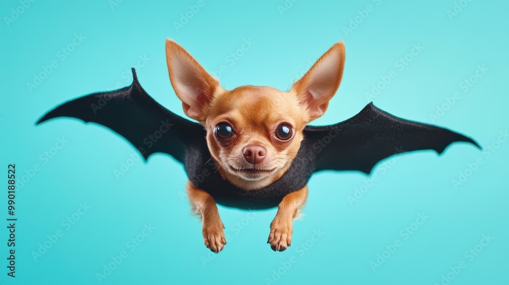 A playful Chihuahua dressed in a bat costume soars through the moonlit sky, capturing the essence of Halloween joy. A playful Chihuahua dressed in a bat costume soars through the moonlit sky, capturing the essence of Halloween joy.