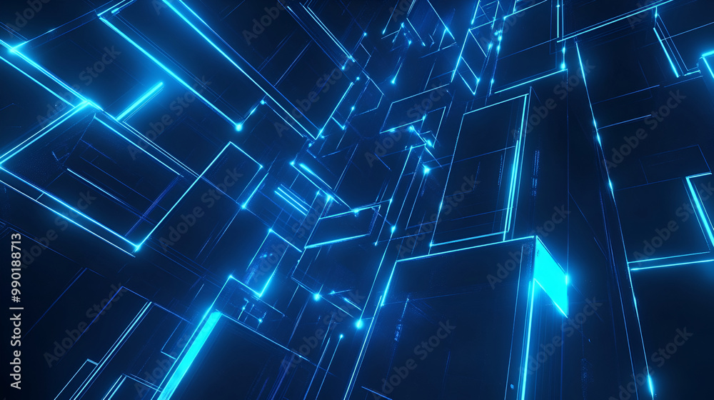Fototapeta premium Abstract neon blue background, cyber space, parallel universe, lines, stripes, glow,Dark background with lines and spotlights, neon light, night view. Abstract blue background