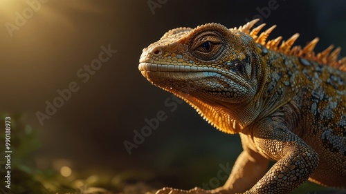 Close-up Portrait of a Lizard with Sun Rays