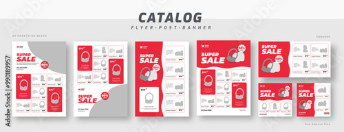 Supermarket product sale catalog flyer bundle, social media post set template, product catalog sale promotion web banner ads design, catalog square template