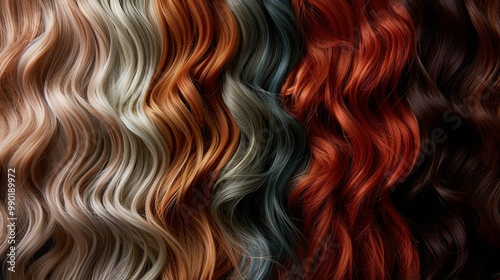 A close-up view of wavy hair in multiple colors photo