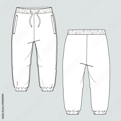 Fleece fabric Jogger Sweatpants overall technical fashion flat sketch vector illustration template front, back views. Apparel Clothing Design Mock up Cad.
