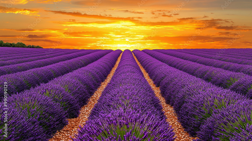 Obraz premium Vibrant lavender field at sunset, organized rows of blooming lavender plants contrasting against a colorful sky