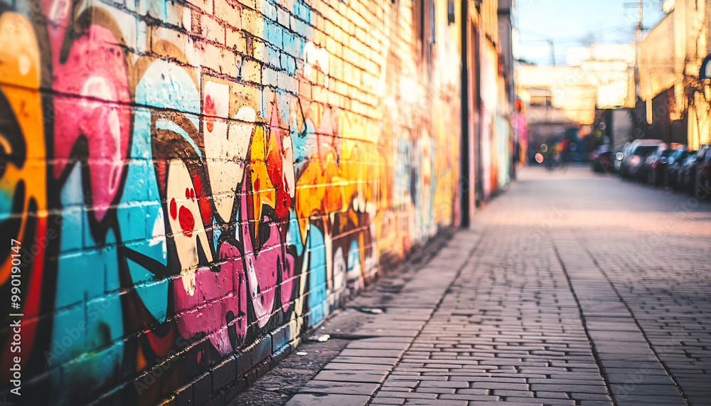 Naklejka premium A graffiti-covered urban wall, showcasing vibrant colors, bold lines, and an edgy, artistic vibe