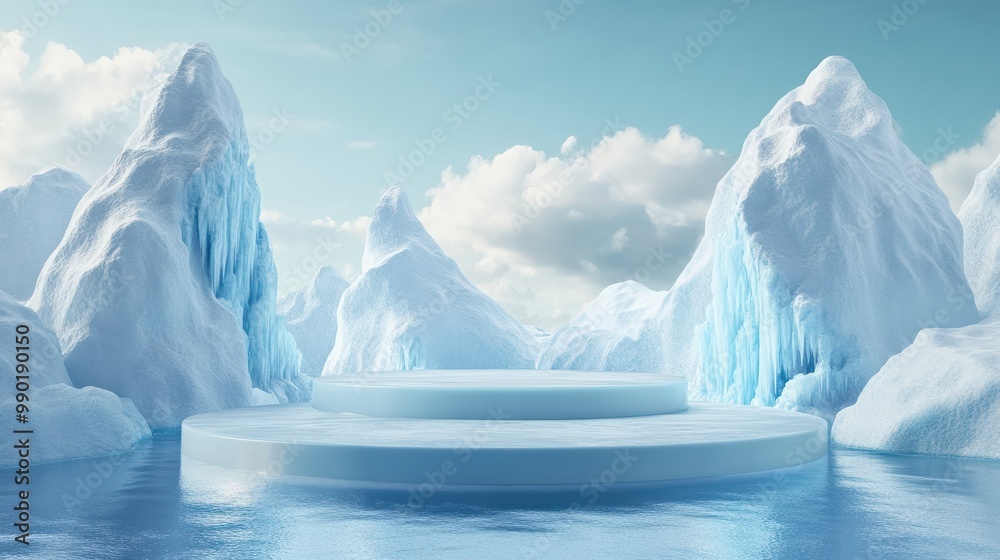 Podium ice water background product snow 3D mountain platform sea. Ice ...