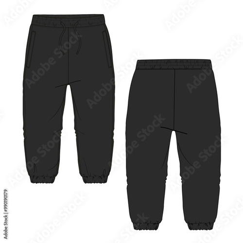 Fleece cotton jersey basic Sweat pant technical fashion flat sketch Black color template. Apparel jogger pants vector illustration mock up.
