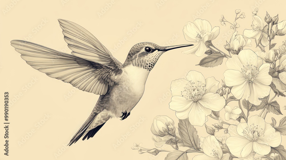 Fototapeta premium Hummingbird in Flight with Flowers