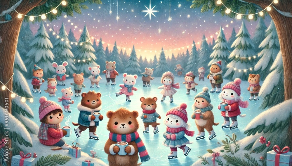 Heartwarming New Year's Eve with Animals Ice Skating Under Twinkling Stars, Surrounded by Fairy-Lit Trees and Enjoying Hot Cocoa in a Magical Winter Wonderland Heartwarming New Year's Eve with Animals Ice Skating Under Twinkling Stars, Surrounded by Fairy-Lit Trees and Enjoying Hot Cocoa in a Magical Winter Wonderland