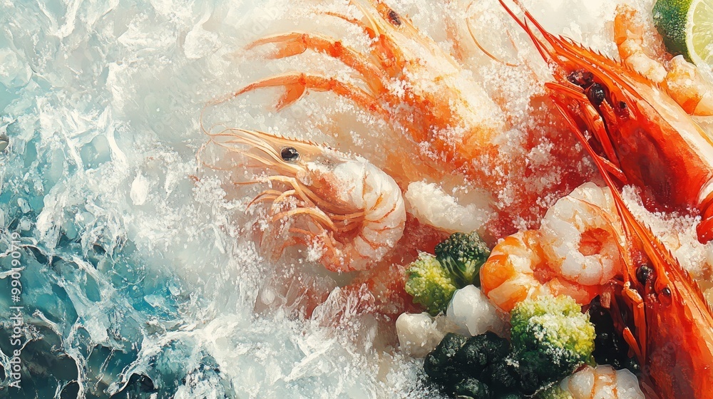 Mixed frozen seafood and vegetables in a top-down view, illustration, pastel colors, soft brushstrokes, detailed texture of ice crystals forming on the edges Mixed frozen seafood and vegetables in a top-down view, illustration, pastel colors, soft brushstrokes, detailed texture of ice crystals forming on the edges
