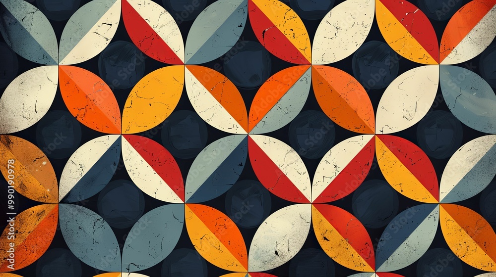Geometric Pattern of Overlapping Circles in Vibrant Colors with Distressed Texture