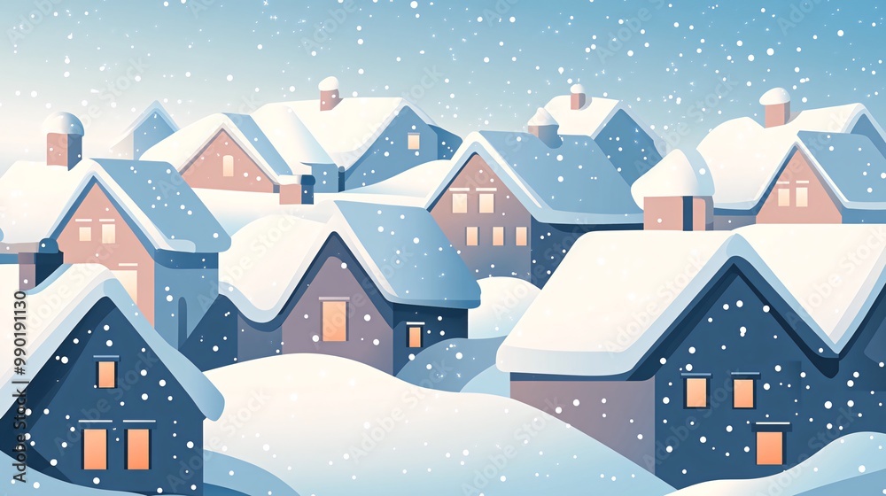 A snowy winter landscape with houses covered in snow, illuminated by warm window lights against a blue sky with falling snowflakes. A snowy winter landscape with houses covered in snow, illuminated by warm window lights against a blue sky with falling snowflakes.