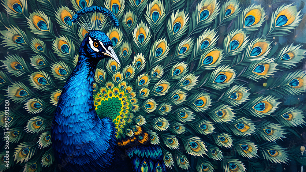 Fototapeta premium Peacock with Beautiful Feathers in a Vibrant and Detailed Painting