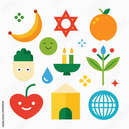 Minimalist icon collection celebrating sukkot with abstract happy symbols and festive objects