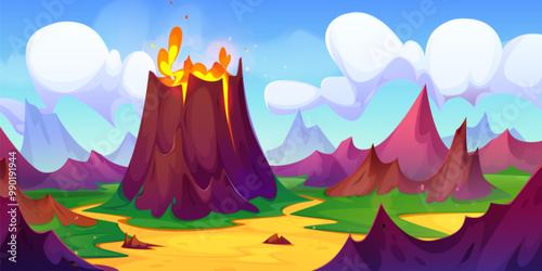 Summer landscape with volcano erupt and explode with lava. Cartoon vector illustration of Jurassic period scene with volcanic eruption and earthquake. Rock mountain with magma on tropical scenery.
