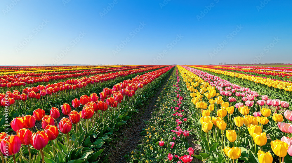 Vibrant tulip fields showcasing an array of colors under a clear blue sky, illustrating the beauty of spring blooms Vibrant tulip fields showcasing an array of colors under a clear blue sky, illustrating the beauty of spring blooms