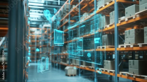 Smart warehouse management system using augmented reality technology to identify package picking and delivery . Future concept of supply chain and logistic business