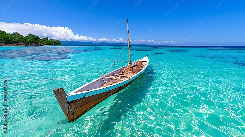 Serene Wooden Boat Floating in Turquoise Waters Serene Wooden Boat Floating in Turquoise Waters