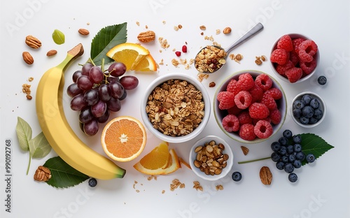 The image shows a variety of fruits, nuts, and granola arranged on a white background. Generative ai. photo