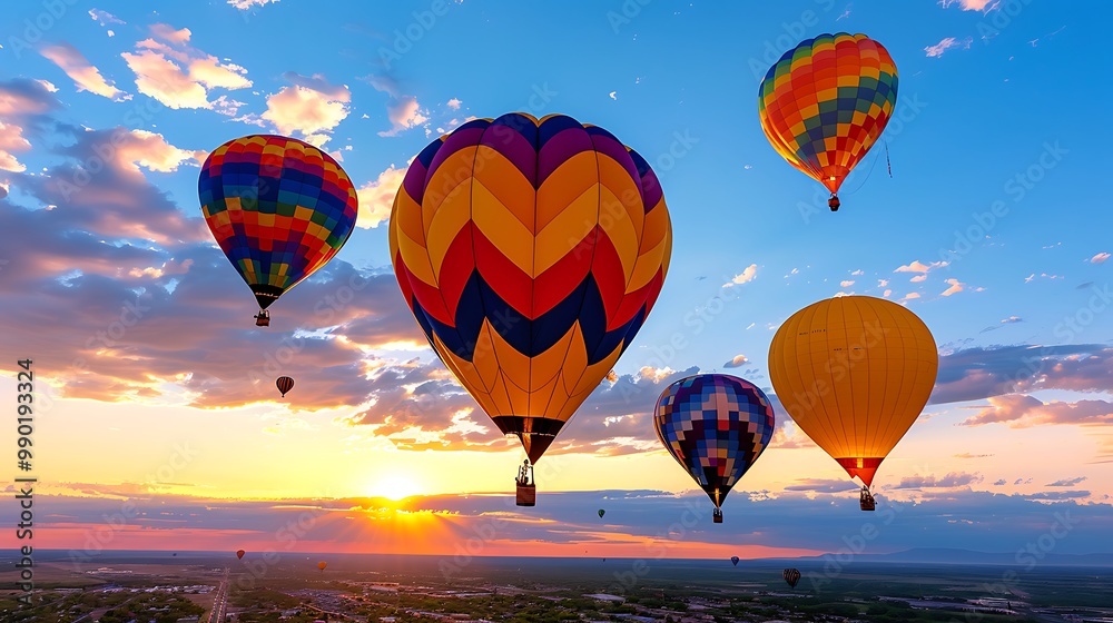 Obraz premium Colorful Hot Air Balloons at Sunset in the Sky