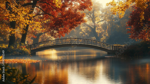 Serene Lake with Red Autumn Leaves and Bridge photo