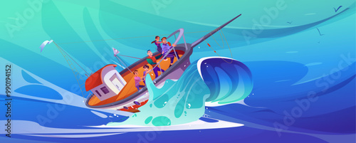 Fishing boat with men and teenagers on board having accident and sinking on huge wave. Cartoon vector of shipwreck on sea or ocean blue water. Emergency situation with people on drowning ship.