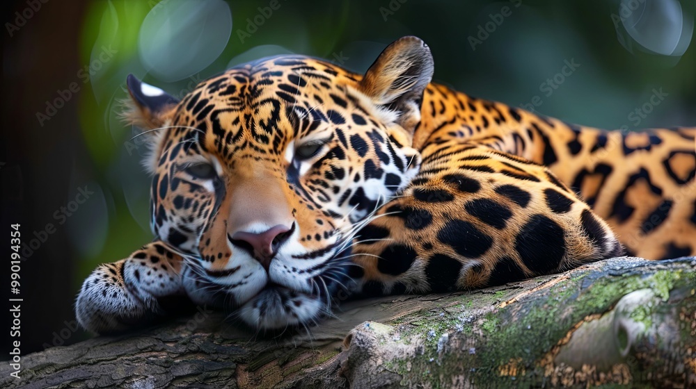 Obraz premium A Sleeping Jaguar Resting on a Tree Trunk