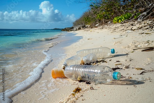 Plastic bottle on the beach. Concept of environmental pollution